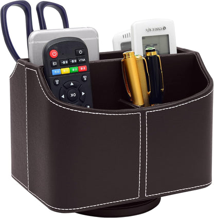 Antique Leather Remote Control Holder 360 Degree Spinning,Desk Rotating Organizer/Caddy for TV Remote Controllers,Pen,Calculator Media Player,DVD,Office Supplies,Mobile Phone Storage Box (Retro)