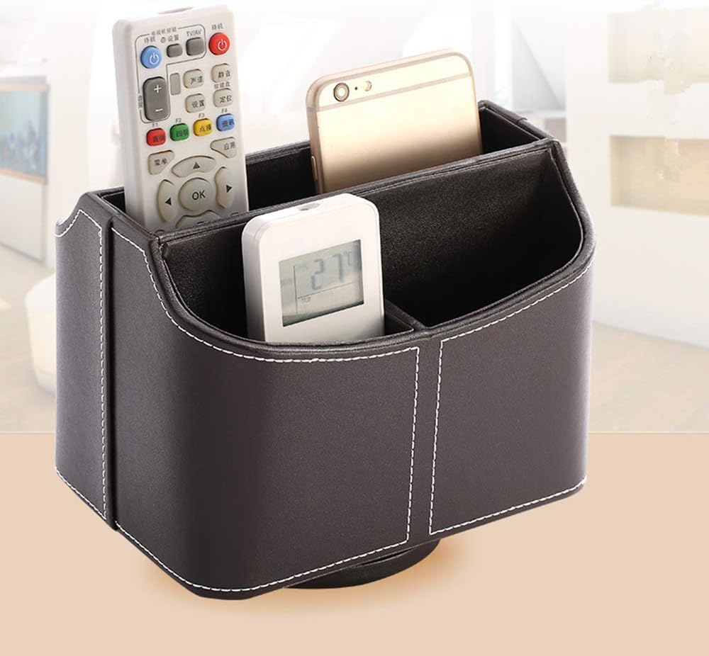 Antique Leather Remote Control Holder 360 Degree Spinning,Desk Rotating Organizer/Caddy for TV Remote Controllers,Pen,Calculator Media Player,DVD,Office Supplies,Mobile Phone Storage Box (Retro)