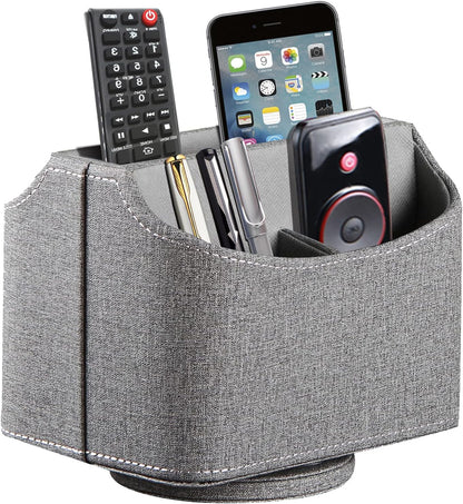 Antique Leather Remote Control Holder 360 Degree Spinning,Desk Rotating Organizer/Caddy for TV Remote Controllers,Pen,Calculator Media Player,DVD,Office Supplies,Mobile Phone Storage Box (Retro)