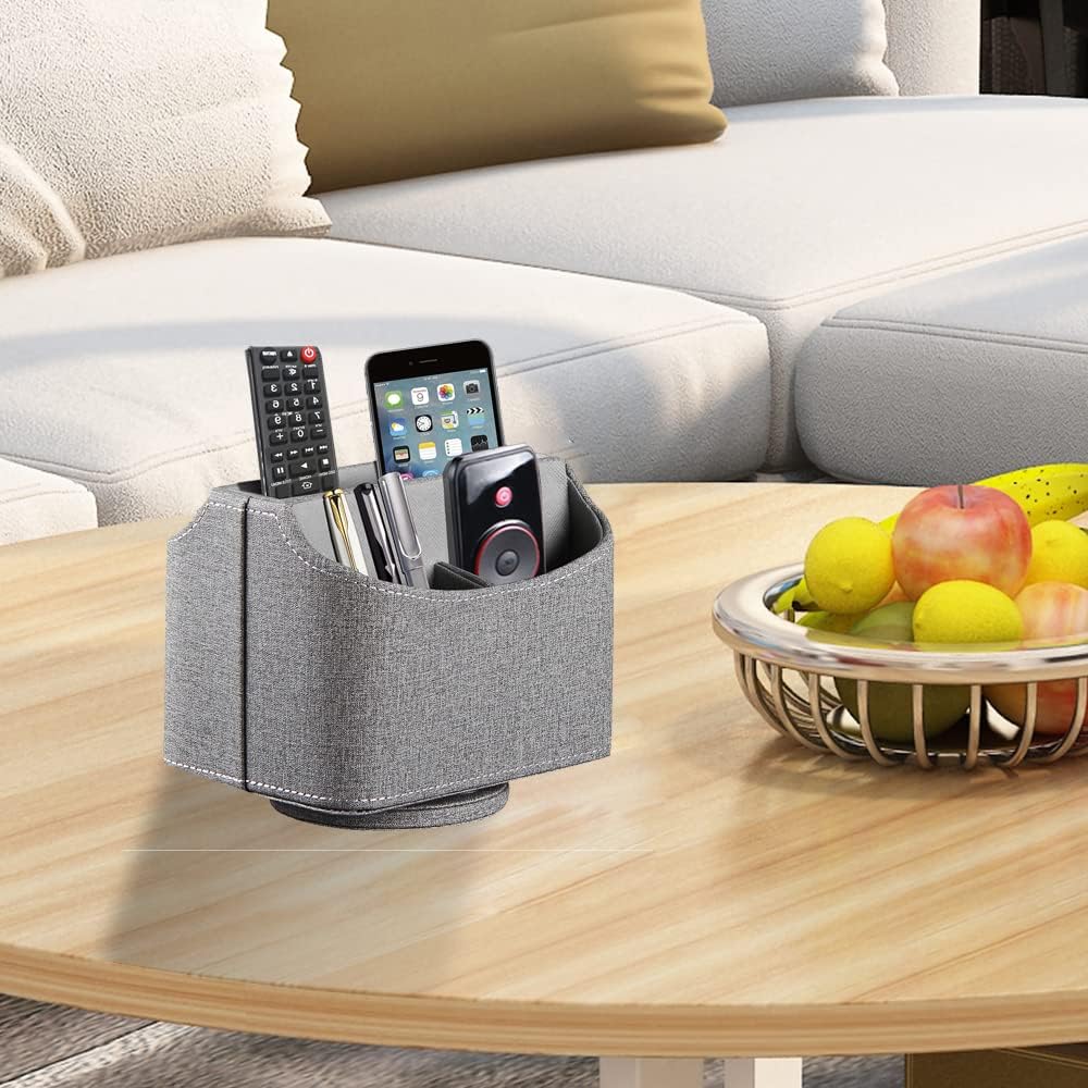 Antique Leather Remote Control Holder 360 Degree Spinning,Desk Rotating Organizer/Caddy for TV Remote Controllers,Pen,Calculator Media Player,DVD,Office Supplies,Mobile Phone Storage Box (Retro)