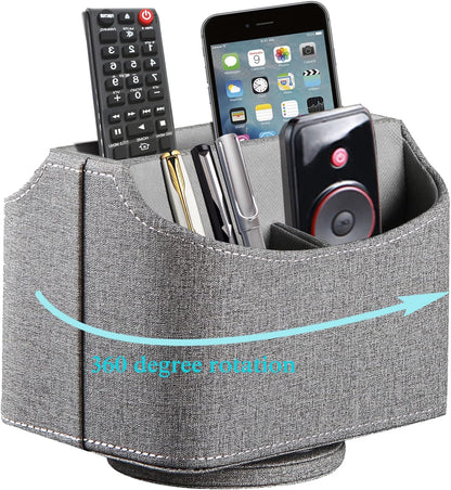 Antique Leather Remote Control Holder 360 Degree Spinning,Desk Rotating Organizer/Caddy for TV Remote Controllers,Pen,Calculator Media Player,DVD,Office Supplies,Mobile Phone Storage Box (Retro)