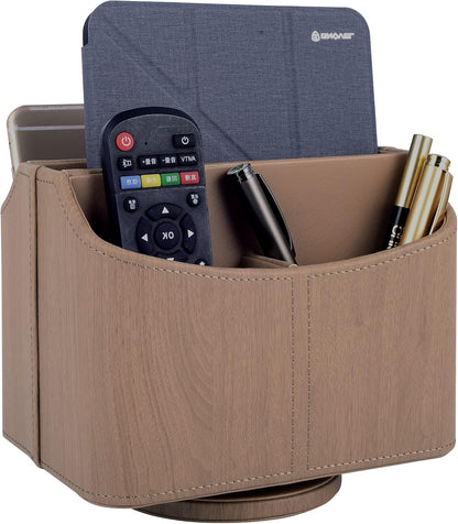 Antique Leather Remote Control Holder 360 Degree Spinning,Desk Rotating Organizer/Caddy for TV Remote Controllers,Pen,Calculator Media Player,DVD,Office Supplies,Mobile Phone Storage Box (Retro)