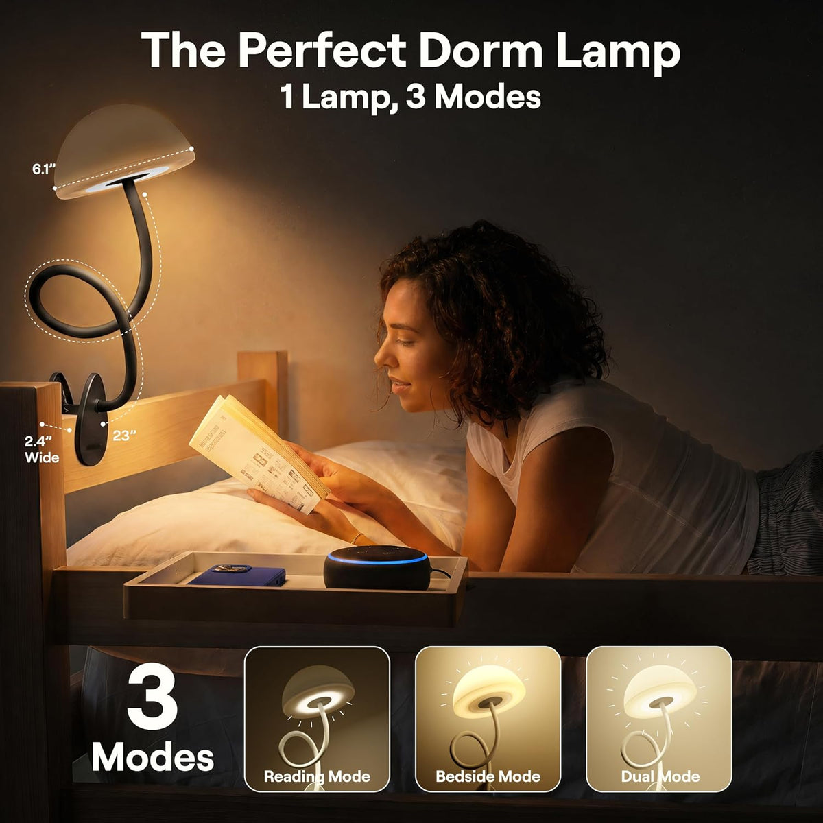 Shroommate Dorm Room Essential Clip On Bed Light for Dorm Room - White