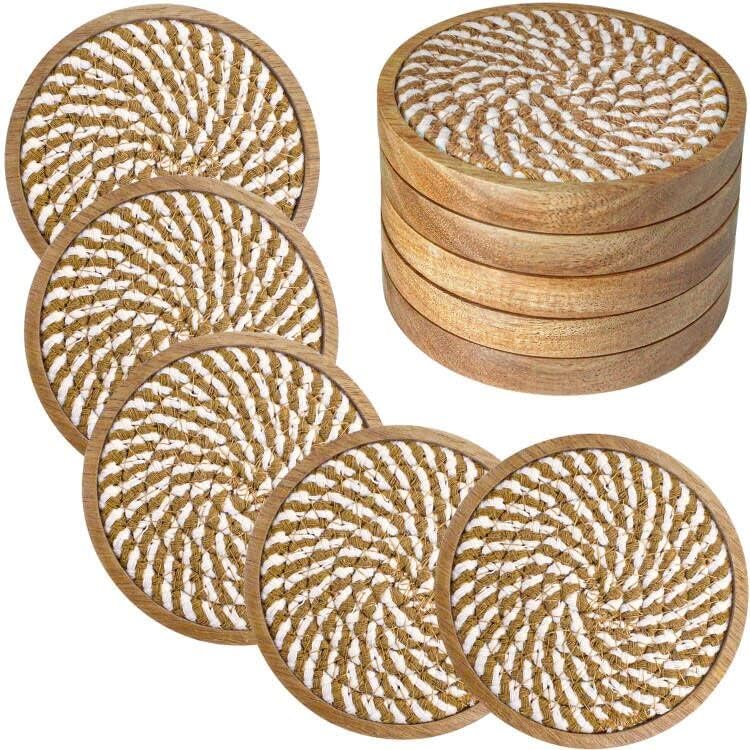 Coasters for Drinks Absorbent, 4.3 inches Woven Coasters for Coffee Tables, Wooden Drink Coasters for Table Protection, Reusable Drink Coasters for Kitchen, Farmhouse, Bar, Office, Brown