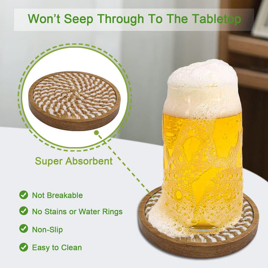 Coasters for Drinks Absorbent, 4.3 inches Woven Coasters for Coffee Tables, Wooden Drink Coasters for Table Protection, Reusable Drink Coasters for Kitchen, Farmhouse, Bar, Office, Brown