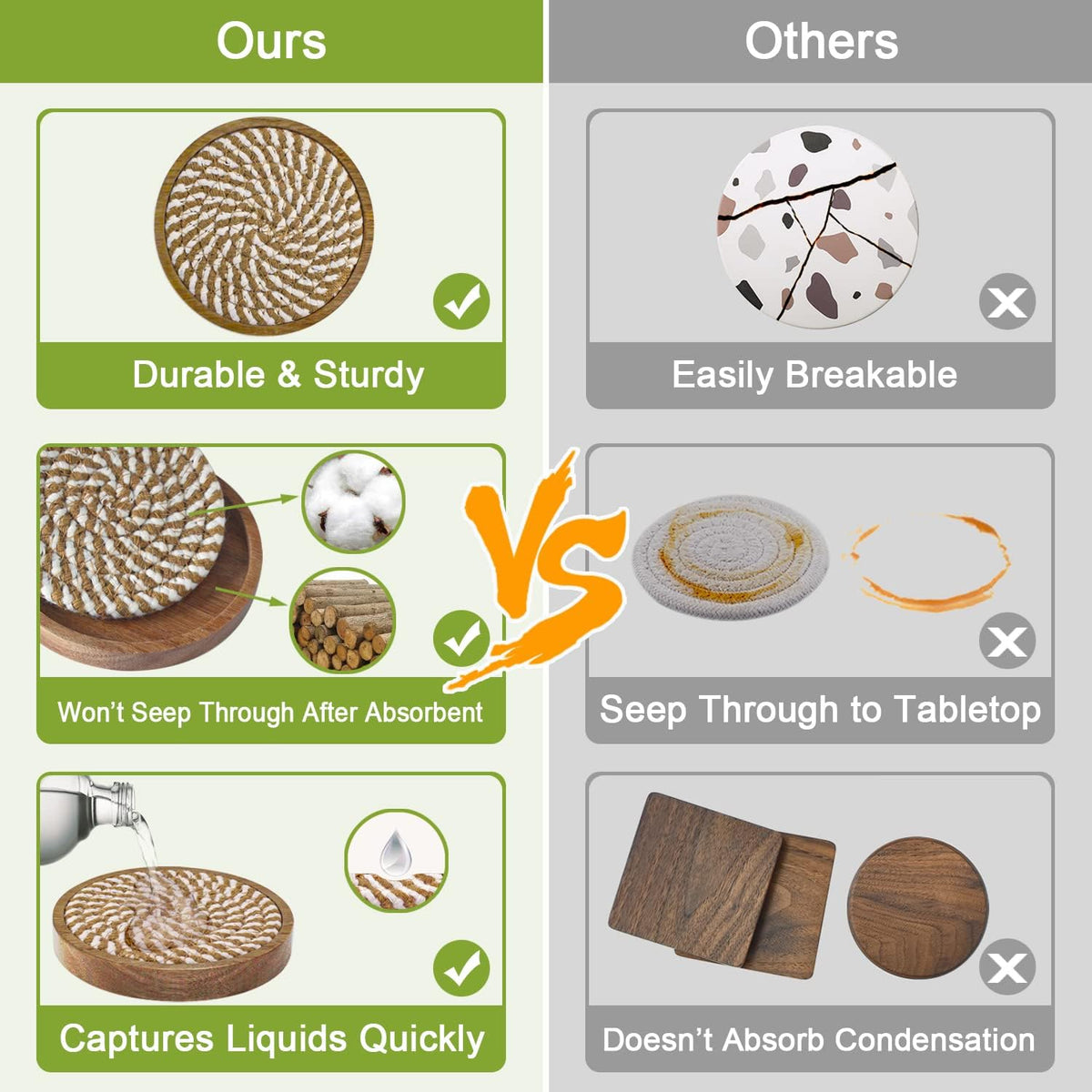 Coasters for Drinks Absorbent, 4.3 inches Woven Coasters for Coffee Tables, Wooden Drink Coasters for Table Protection, Reusable Drink Coasters for Kitchen, Farmhouse, Bar, Office, Brown