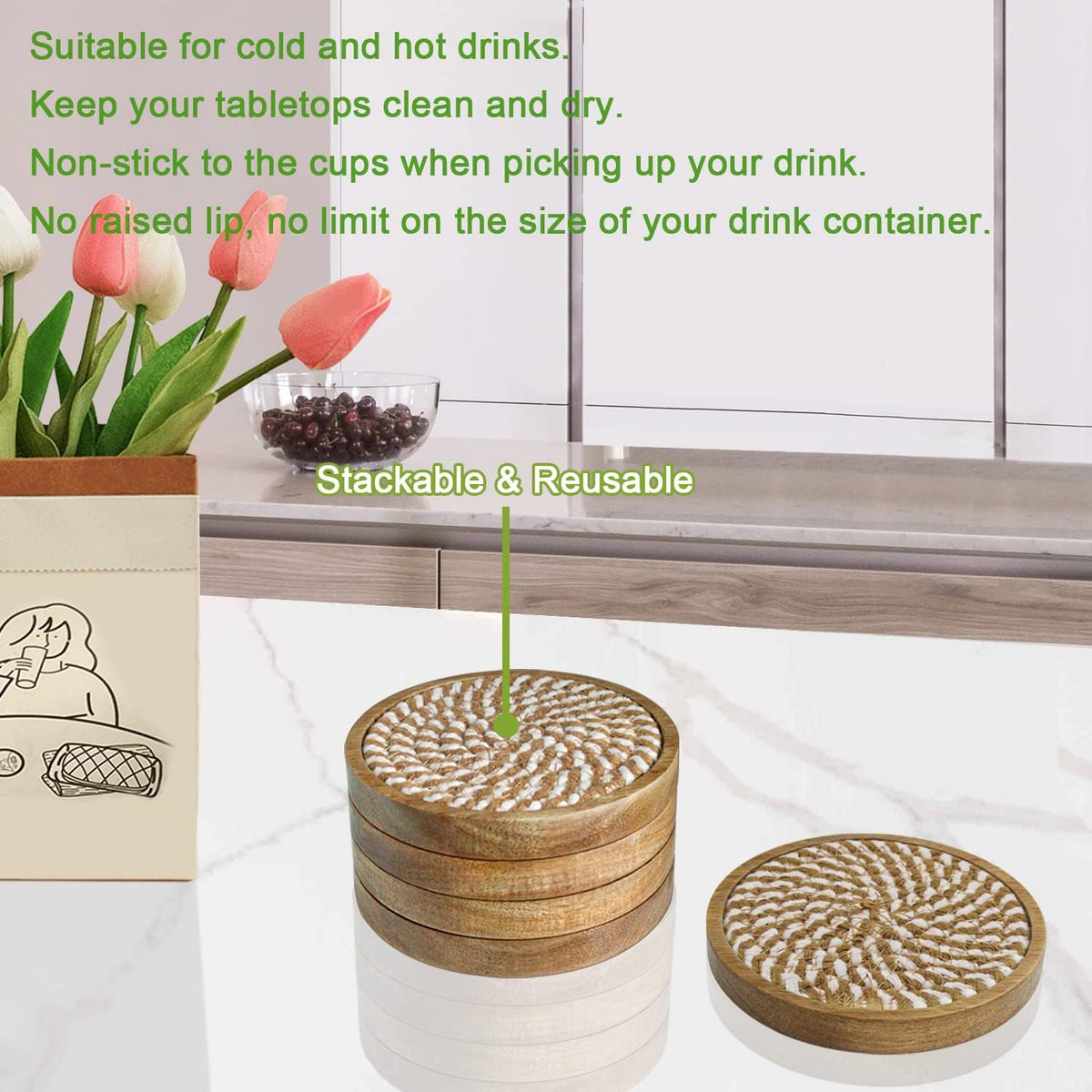 Coasters for Drinks Absorbent, 4.3 inches Woven Coasters for Coffee Tables, Wooden Drink Coasters for Table Protection, Reusable Drink Coasters for Kitchen, Farmhouse, Bar, Office, Brown