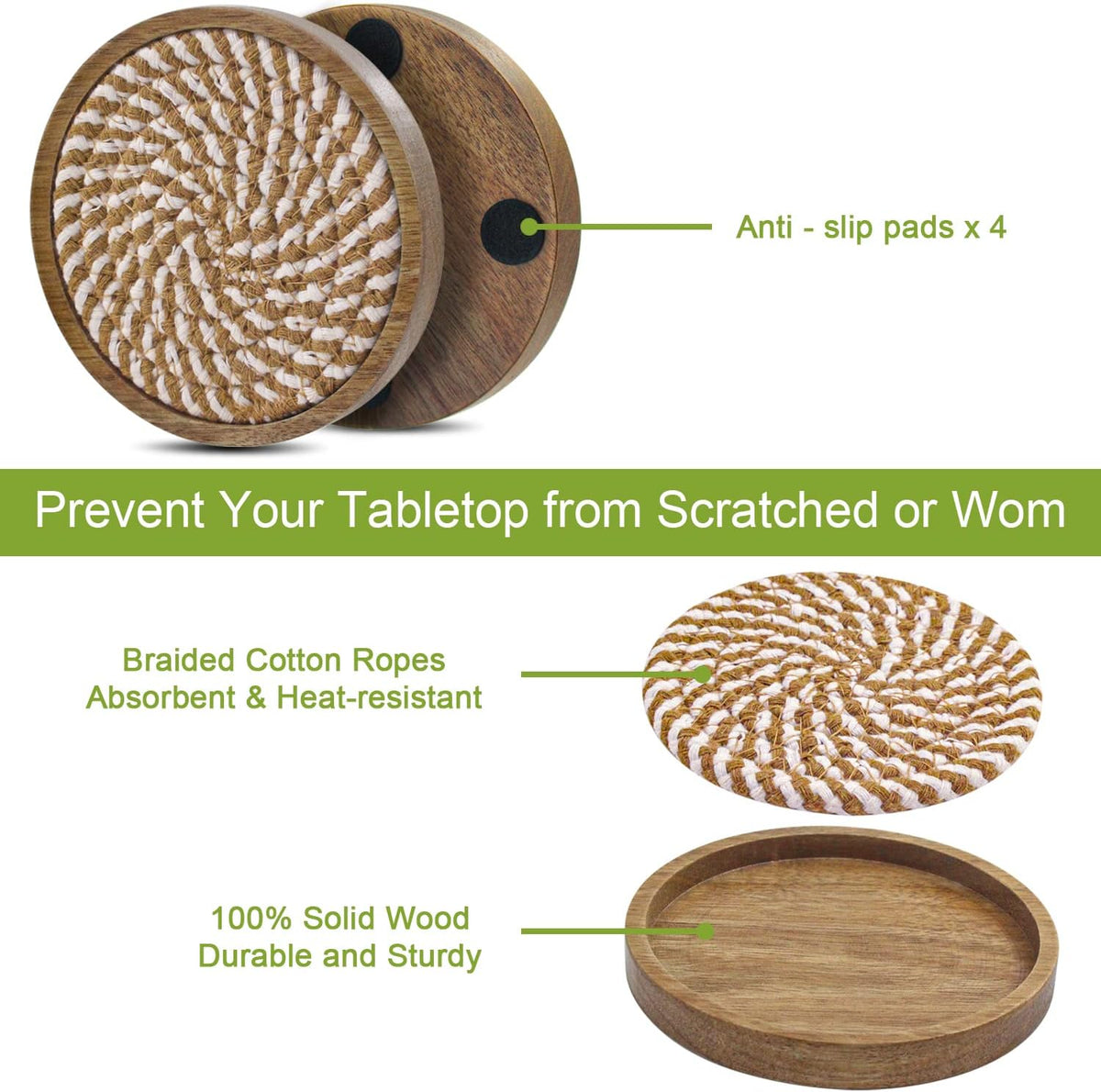 Coasters for Drinks Absorbent, 4.3 inches Woven Coasters for Coffee Tables, Wooden Drink Coasters for Table Protection, Reusable Drink Coasters for Kitchen, Farmhouse, Bar, Office, Brown
