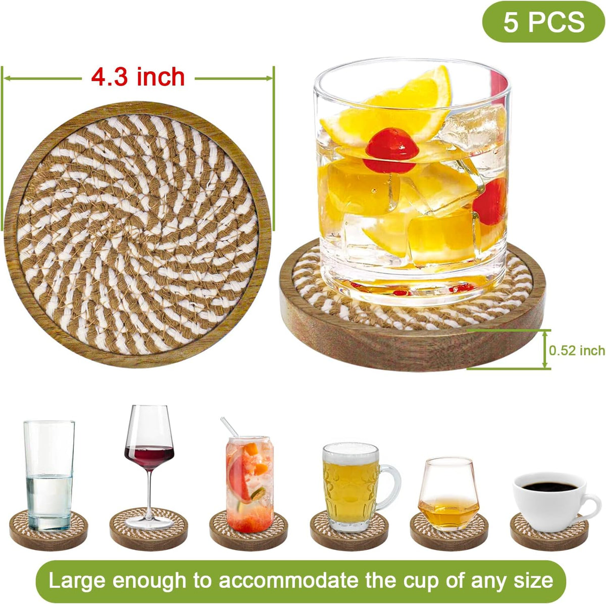 Coasters for Drinks Absorbent, 4.3 inches Woven Coasters for Coffee Tables, Wooden Drink Coasters for Table Protection, Reusable Drink Coasters for Kitchen, Farmhouse, Bar, Office, Brown