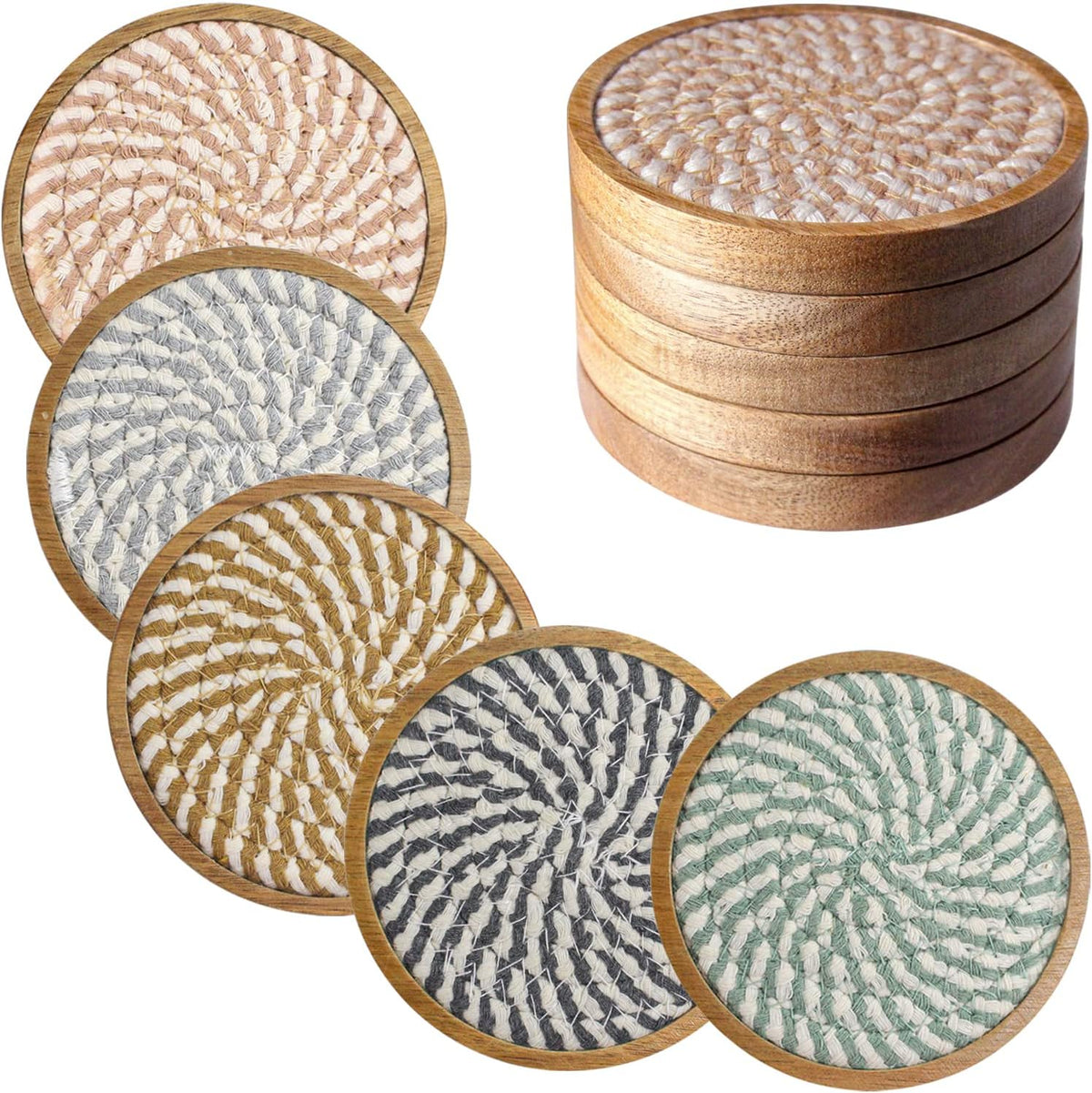 Coasters for Drinks Absorbent, 4.3 inches Woven Coasters for Coffee Tables, Wooden Drink Coasters for Table Protection, Reusable Drink Coasters for Kitchen, Farmhouse, Bar, Office, Brown