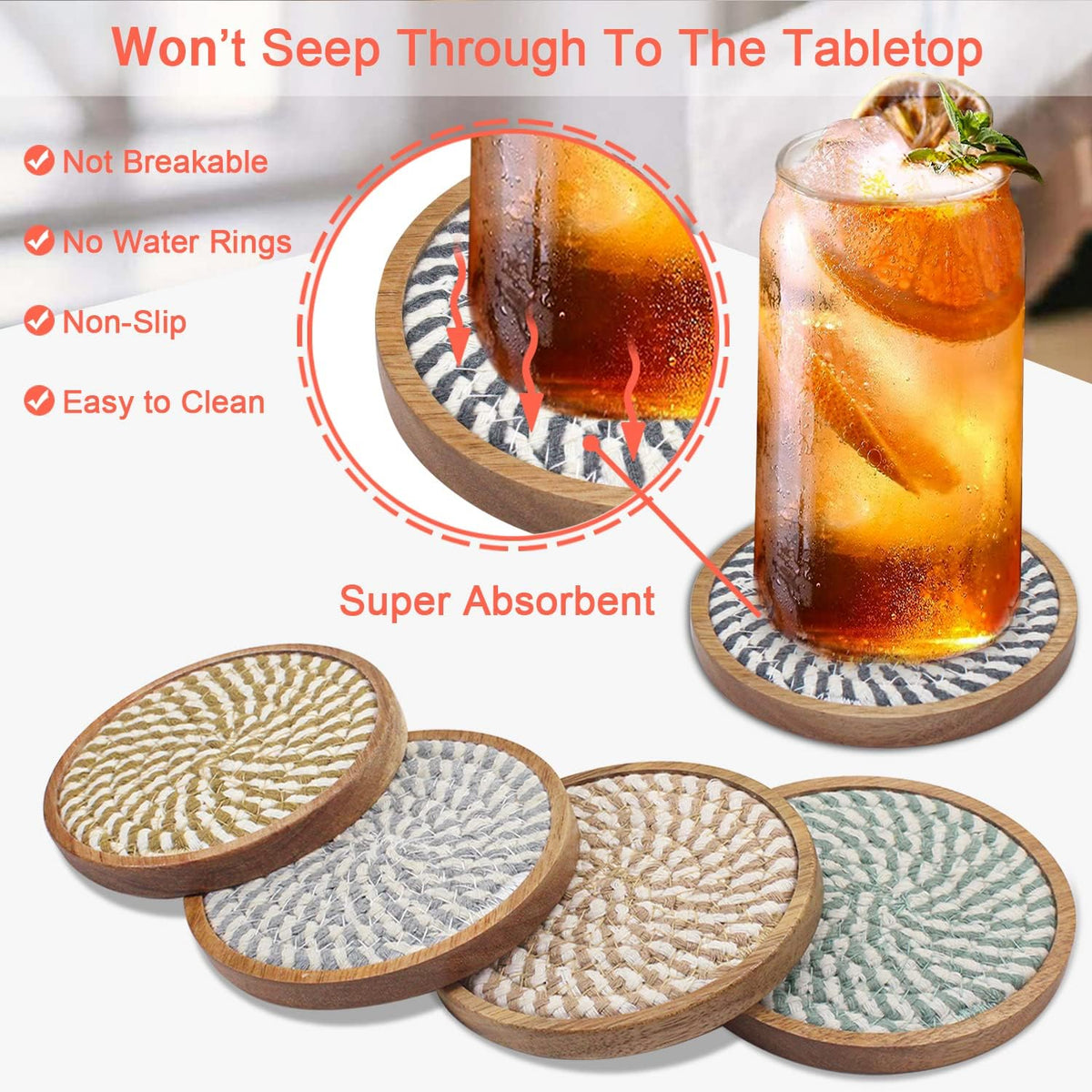Coasters for Drinks Absorbent, 4.3 inches Woven Coasters for Coffee Tables, Wooden Drink Coasters for Table Protection, Reusable Drink Coasters for Kitchen, Farmhouse, Bar, Office, Brown