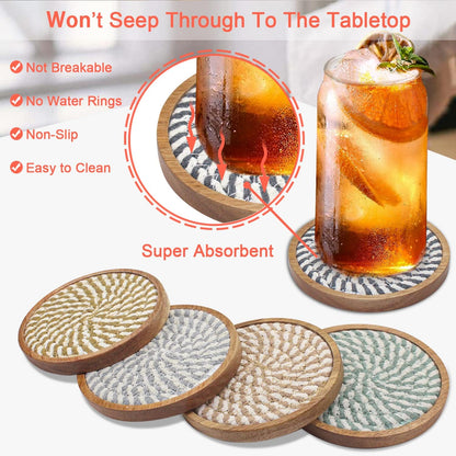 Coasters for Drinks Absorbent, 4.3 inches Woven Coasters for Coffee Tables, Wooden Drink Coasters for Table Protection, Reusable Drink Coasters for Kitchen, Farmhouse, Bar, Office, Brown