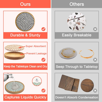 Coasters for Drinks Absorbent, 4.3 inches Woven Coasters for Coffee Tables, Wooden Drink Coasters for Table Protection, Reusable Drink Coasters for Kitchen, Farmhouse, Bar, Office, Brown