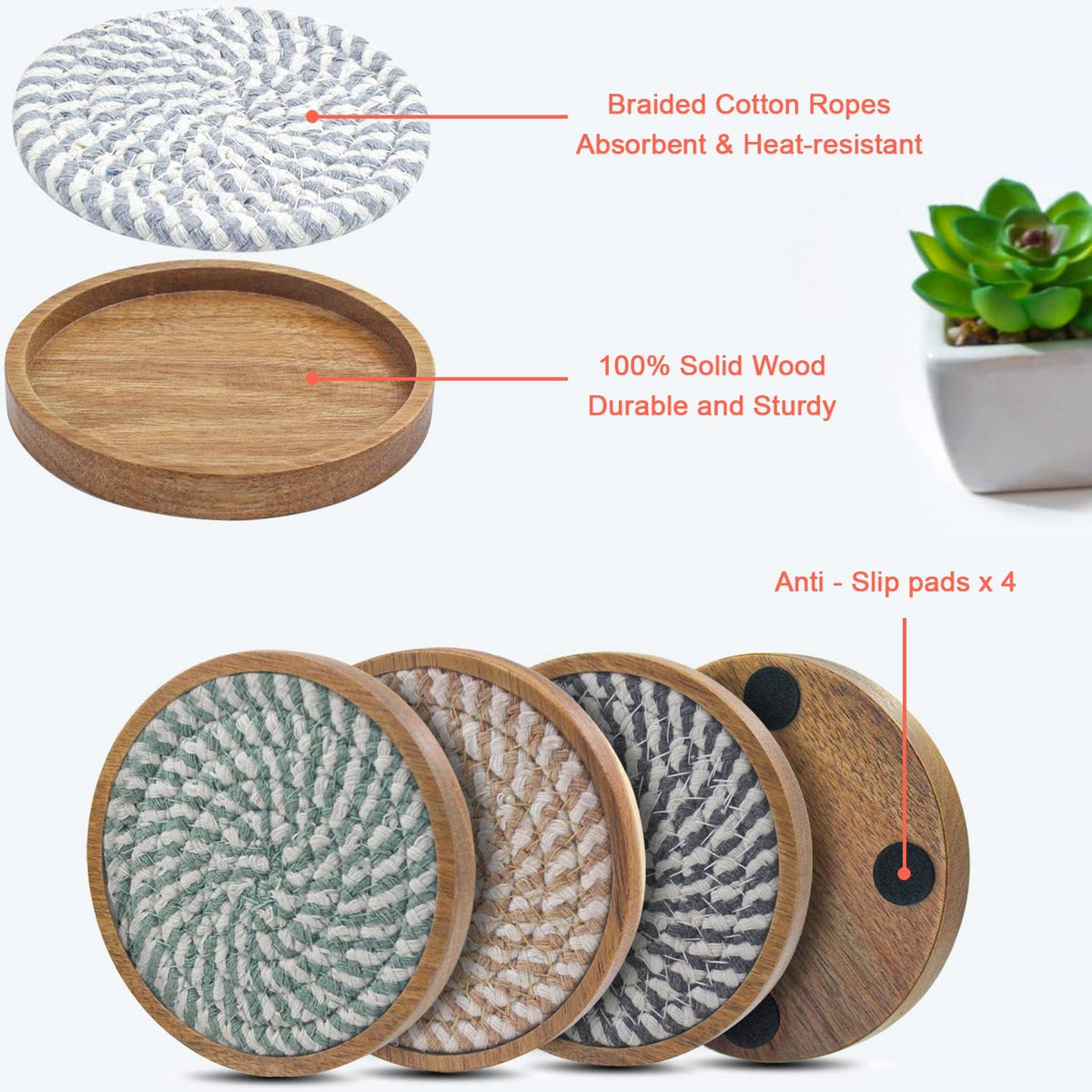 Coasters for Drinks Absorbent, 4.3 inches Woven Coasters for Coffee Tables, Wooden Drink Coasters for Table Protection, Reusable Drink Coasters for Kitchen, Farmhouse, Bar, Office, Brown