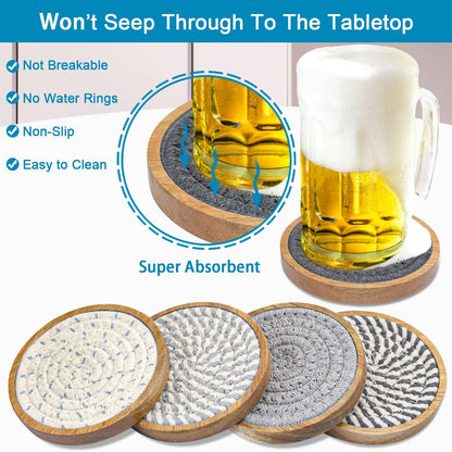 Coasters for Drinks Absorbent, 4.3 inches Woven Coasters for Coffee Tables, Wooden Drink Coasters for Table Protection, Reusable Drink Coasters for Kitchen, Farmhouse, Bar, Office, Brown