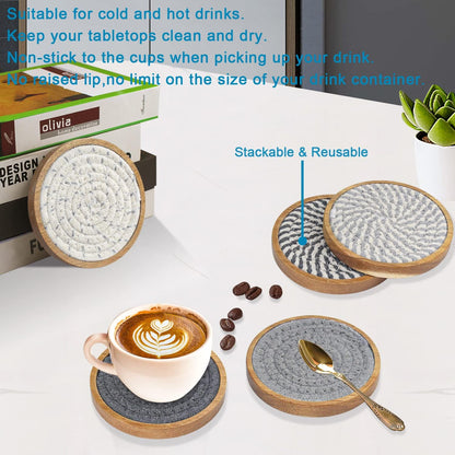 Coasters for Drinks Absorbent, 4.3 inches Woven Coasters for Coffee Tables, Wooden Drink Coasters for Table Protection, Reusable Drink Coasters for Kitchen, Farmhouse, Bar, Office, Brown