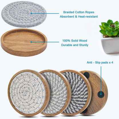 Coasters for Drinks Absorbent, 4.3 inches Woven Coasters for Coffee Tables, Wooden Drink Coasters for Table Protection, Reusable Drink Coasters for Kitchen, Farmhouse, Bar, Office, Brown