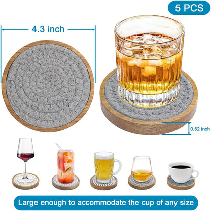 Coasters for Drinks Absorbent, 4.3 inches Woven Coasters for Coffee Tables, Wooden Drink Coasters for Table Protection, Reusable Drink Coasters for Kitchen, Farmhouse, Bar, Office, Brown