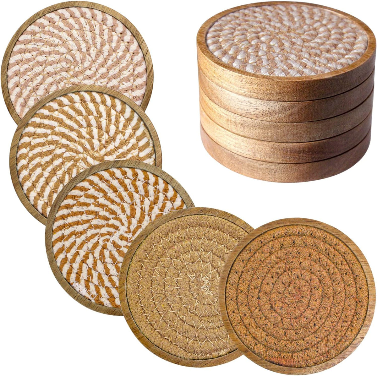 Coasters for Drinks Absorbent, 4.3 inches Woven Coasters for Coffee Tables, Wooden Drink Coasters for Table Protection, Reusable Drink Coasters for Kitchen, Farmhouse, Bar, Office, Brown