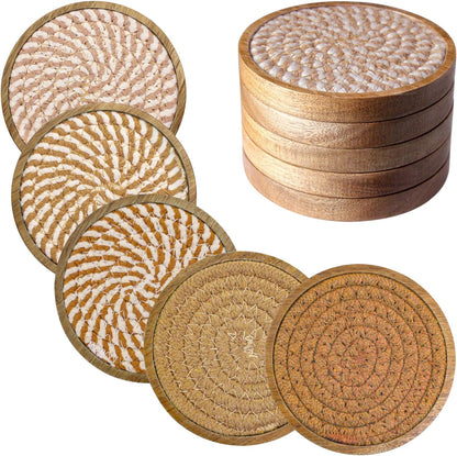 Coasters for Drinks Absorbent, 4.3 inches Woven Coasters for Coffee Tables, Wooden Drink Coasters for Table Protection, Reusable Drink Coasters for Kitchen, Farmhouse, Bar, Office, Brown