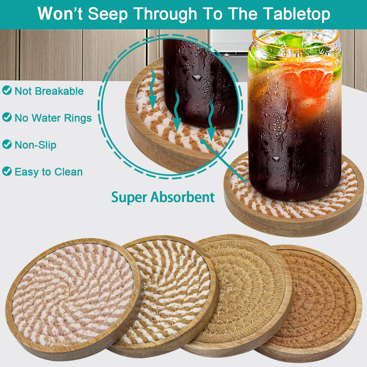 Coasters for Drinks Absorbent, 4.3 inches Woven Coasters for Coffee Tables, Wooden Drink Coasters for Table Protection, Reusable Drink Coasters for Kitchen, Farmhouse, Bar, Office, Brown