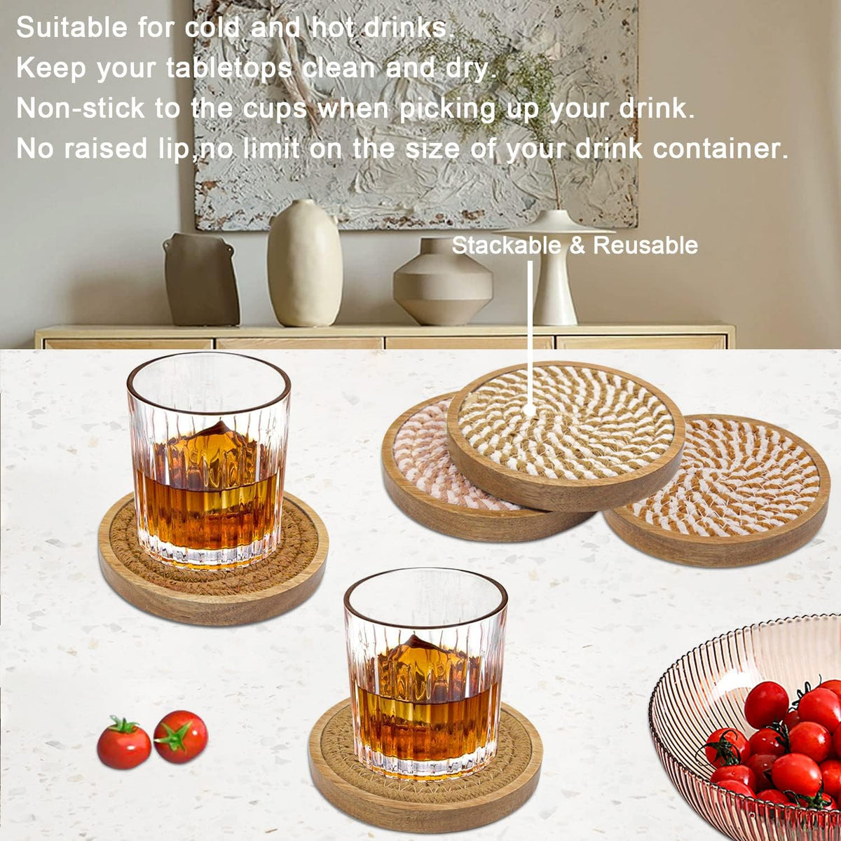 Coasters for Drinks Absorbent, 4.3 inches Woven Coasters for Coffee Tables, Wooden Drink Coasters for Table Protection, Reusable Drink Coasters for Kitchen, Farmhouse, Bar, Office, Brown