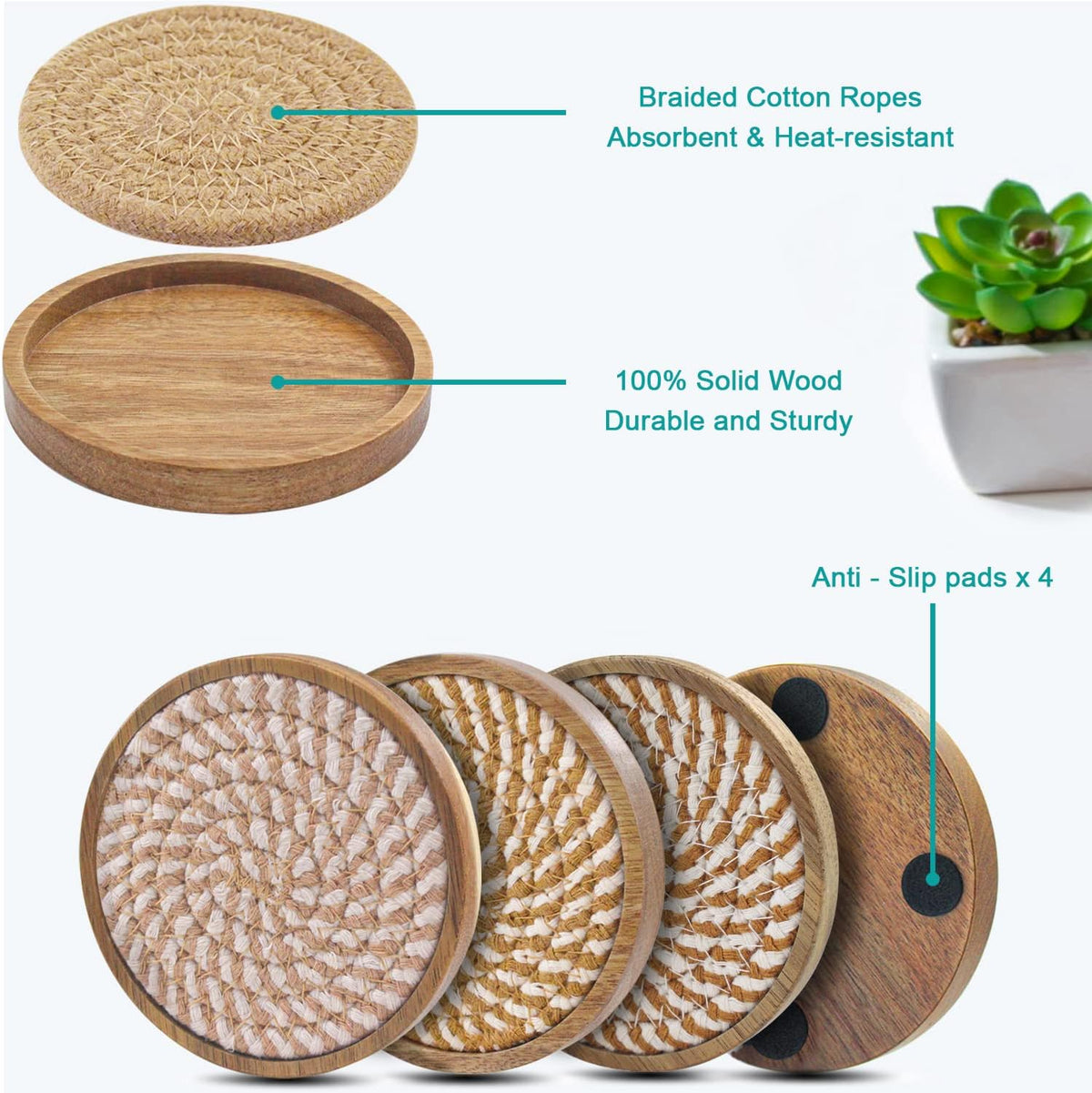 Coasters for Drinks Absorbent, 4.3 inches Woven Coasters for Coffee Tables, Wooden Drink Coasters for Table Protection, Reusable Drink Coasters for Kitchen, Farmhouse, Bar, Office, Brown