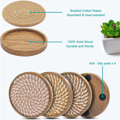 Coasters for Drinks Absorbent, 4.3 inches Woven Coasters for Coffee Tables, Wooden Drink Coasters for Table Protection, Reusable Drink Coasters for Kitchen, Farmhouse, Bar, Office, Brown