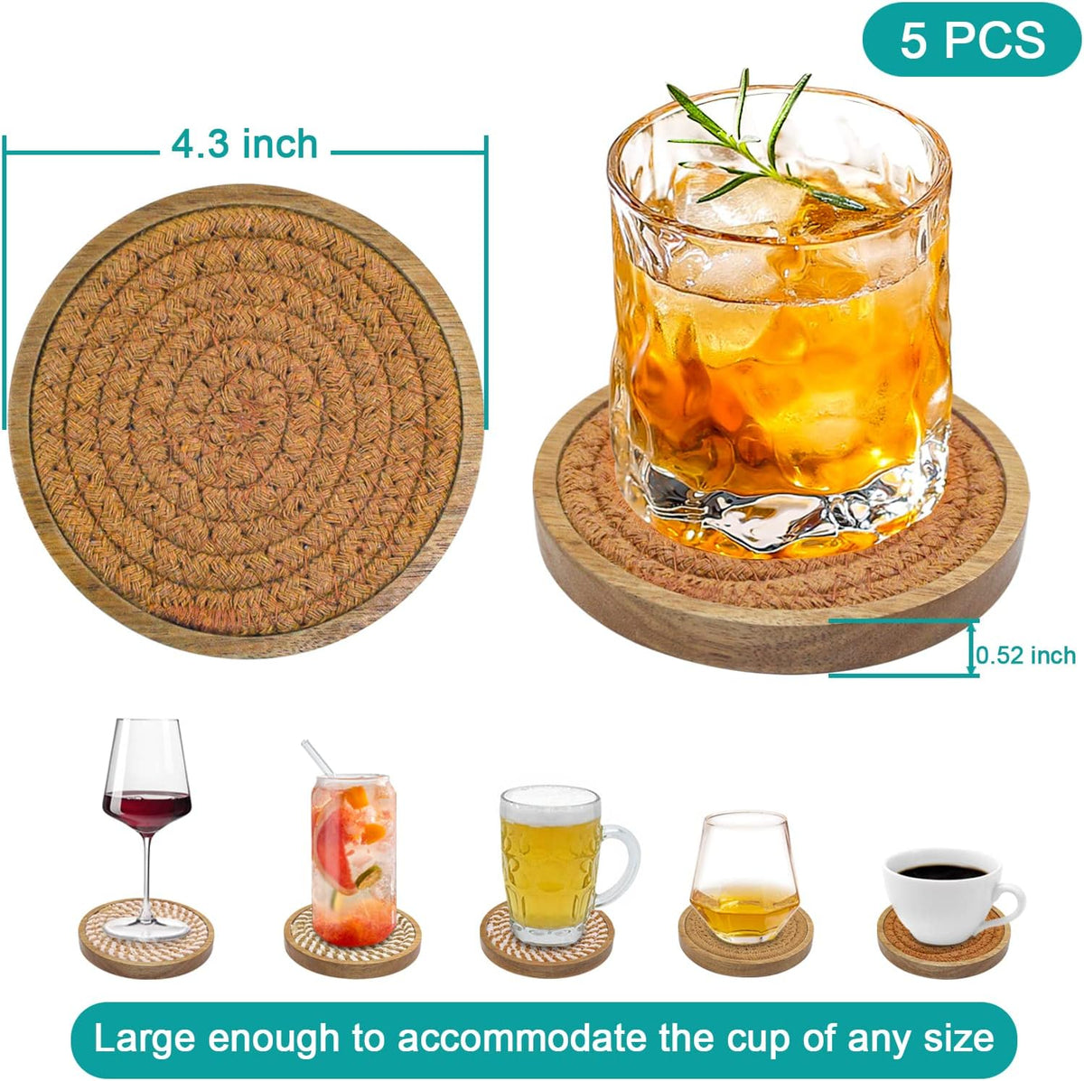 Coasters for Drinks Absorbent, 4.3 inches Woven Coasters for Coffee Tables, Wooden Drink Coasters for Table Protection, Reusable Drink Coasters for Kitchen, Farmhouse, Bar, Office, Brown