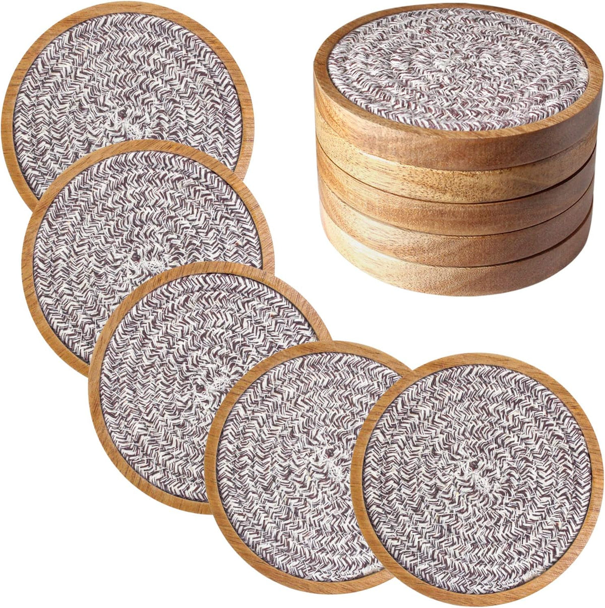 Coasters for Drinks Absorbent, 4.3 inches Woven Coasters for Coffee Tables, Wooden Drink Coasters for Table Protection, Reusable Drink Coasters for Kitchen, Farmhouse, Bar, Office, Brown