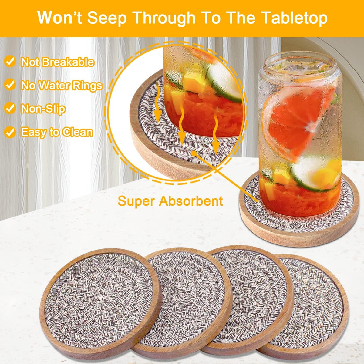 Coasters for Drinks Absorbent, 4.3 inches Woven Coasters for Coffee Tables, Wooden Drink Coasters for Table Protection, Reusable Drink Coasters for Kitchen, Farmhouse, Bar, Office, Brown