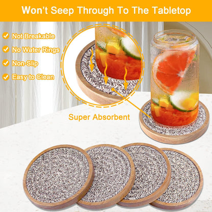 Coasters for Drinks Absorbent, 4.3 inches Woven Coasters for Coffee Tables, Wooden Drink Coasters for Table Protection, Reusable Drink Coasters for Kitchen, Farmhouse, Bar, Office, Brown