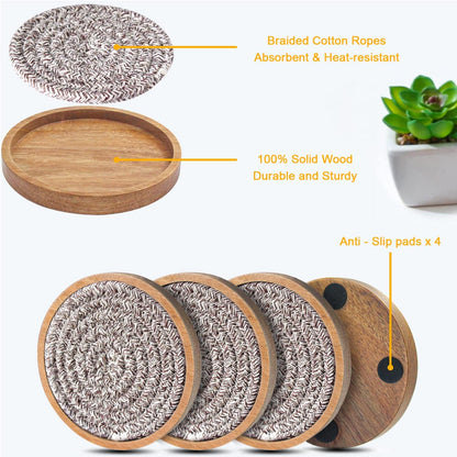 Coasters for Drinks Absorbent, 4.3 inches Woven Coasters for Coffee Tables, Wooden Drink Coasters for Table Protection, Reusable Drink Coasters for Kitchen, Farmhouse, Bar, Office, Brown