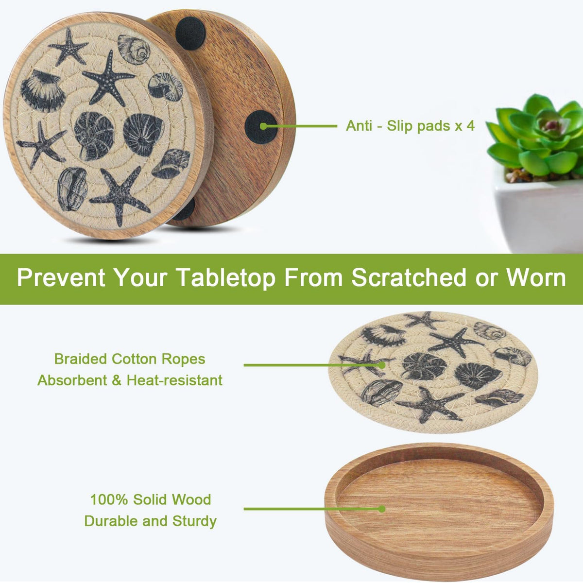 Coasters for Drinks Absorbent, 4.3 inches Woven Coasters for Coffee Tables, Wooden Drink Coasters for Table Protection, Reusable Drink Coasters for Kitchen, Farmhouse, Bar, Office, Brown