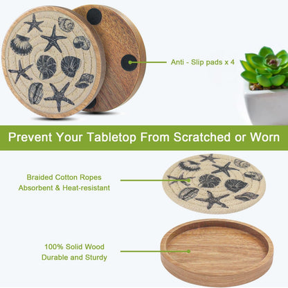 Coasters for Drinks Absorbent, 4.3 inches Woven Coasters for Coffee Tables, Wooden Drink Coasters for Table Protection, Reusable Drink Coasters for Kitchen, Farmhouse, Bar, Office, Brown