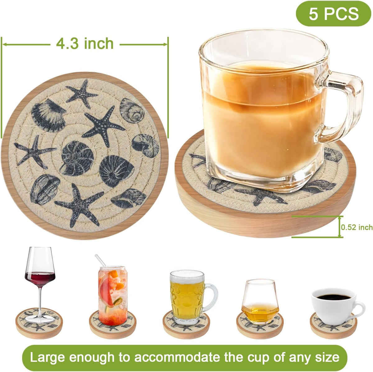 Coasters for Drinks Absorbent, 4.3 inches Woven Coasters for Coffee Tables, Wooden Drink Coasters for Table Protection, Reusable Drink Coasters for Kitchen, Farmhouse, Bar, Office, Brown