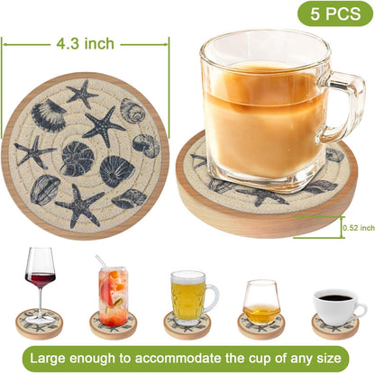 Coasters for Drinks Absorbent, 4.3 inches Woven Coasters for Coffee Tables, Wooden Drink Coasters for Table Protection, Reusable Drink Coasters for Kitchen, Farmhouse, Bar, Office, Brown