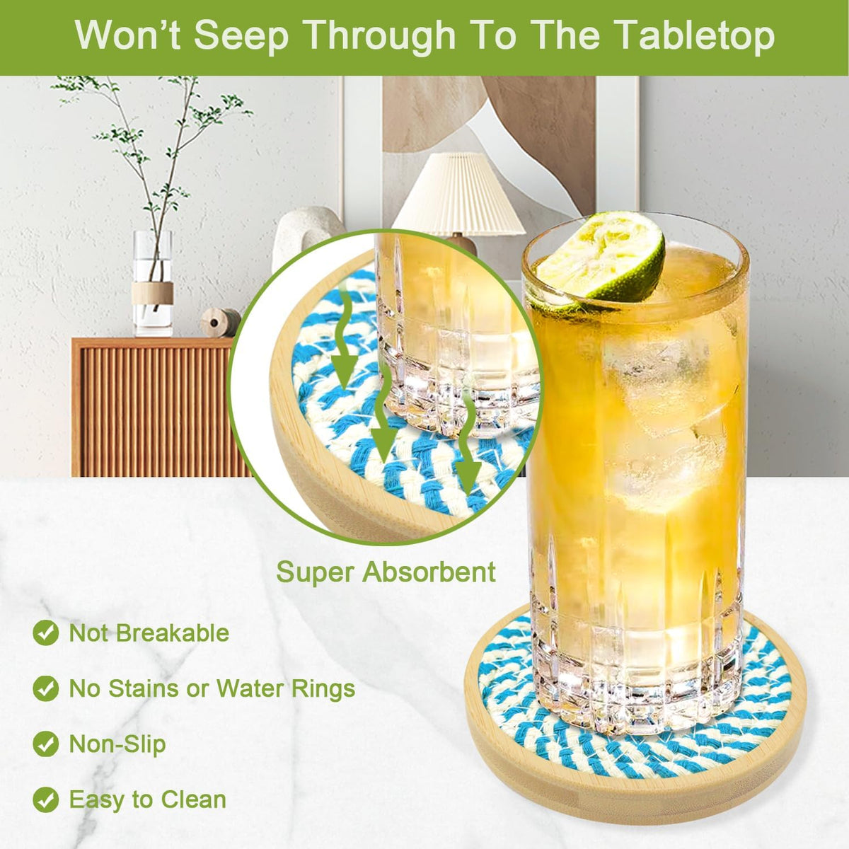 Coasters for Drinks Absorbent, 4.3 inches Woven Coasters for Coffee Tables, Wooden Drink Coasters for Table Protection, Reusable Drink Coasters for Kitchen, Farmhouse, Bar, Office, Brown