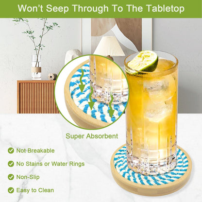 Coasters for Drinks Absorbent, 4.3 inches Woven Coasters for Coffee Tables, Wooden Drink Coasters for Table Protection, Reusable Drink Coasters for Kitchen, Farmhouse, Bar, Office, Brown