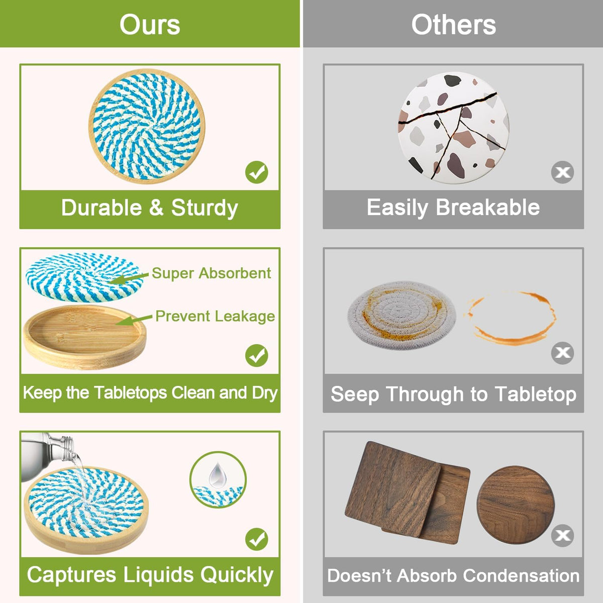 Coasters for Drinks Absorbent, 4.3 inches Woven Coasters for Coffee Tables, Wooden Drink Coasters for Table Protection, Reusable Drink Coasters for Kitchen, Farmhouse, Bar, Office, Brown
