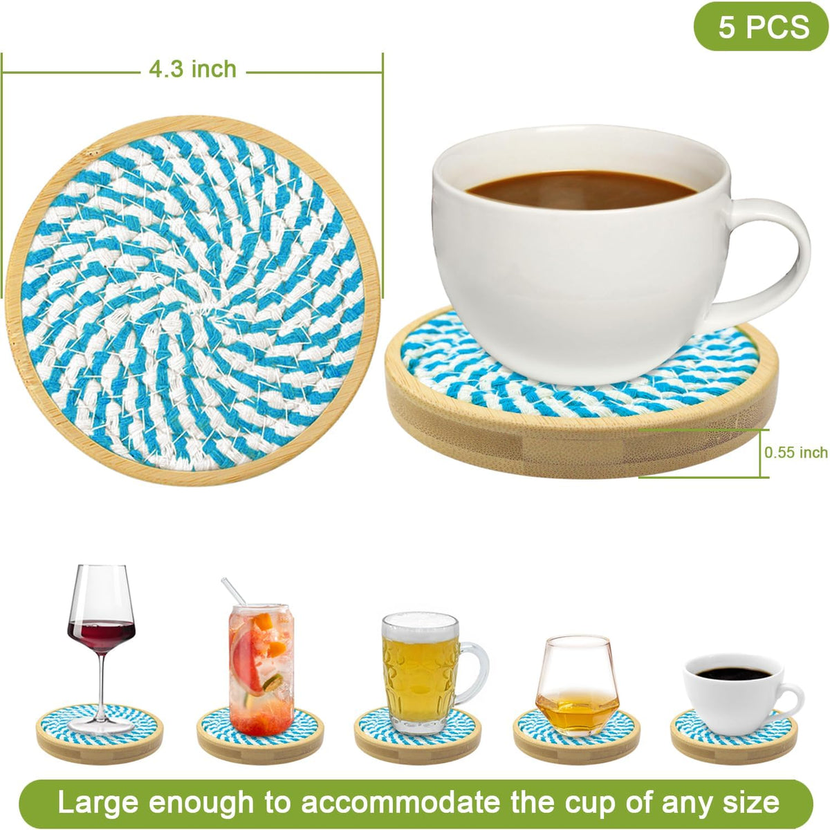Coasters for Drinks Absorbent, 4.3 inches Woven Coasters for Coffee Tables, Wooden Drink Coasters for Table Protection, Reusable Drink Coasters for Kitchen, Farmhouse, Bar, Office, Brown