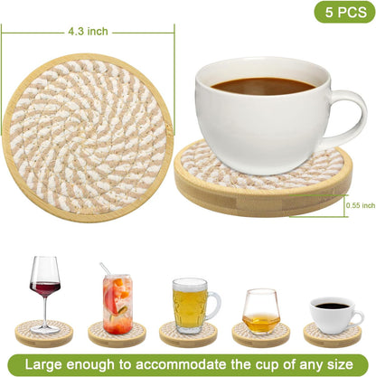 Coasters for Drinks Absorbent, 4.3 inches Woven Coasters for Coffee Tables, Wooden Drink Coasters for Table Protection, Reusable Drink Coasters for Kitchen, Farmhouse, Bar, Office, Brown