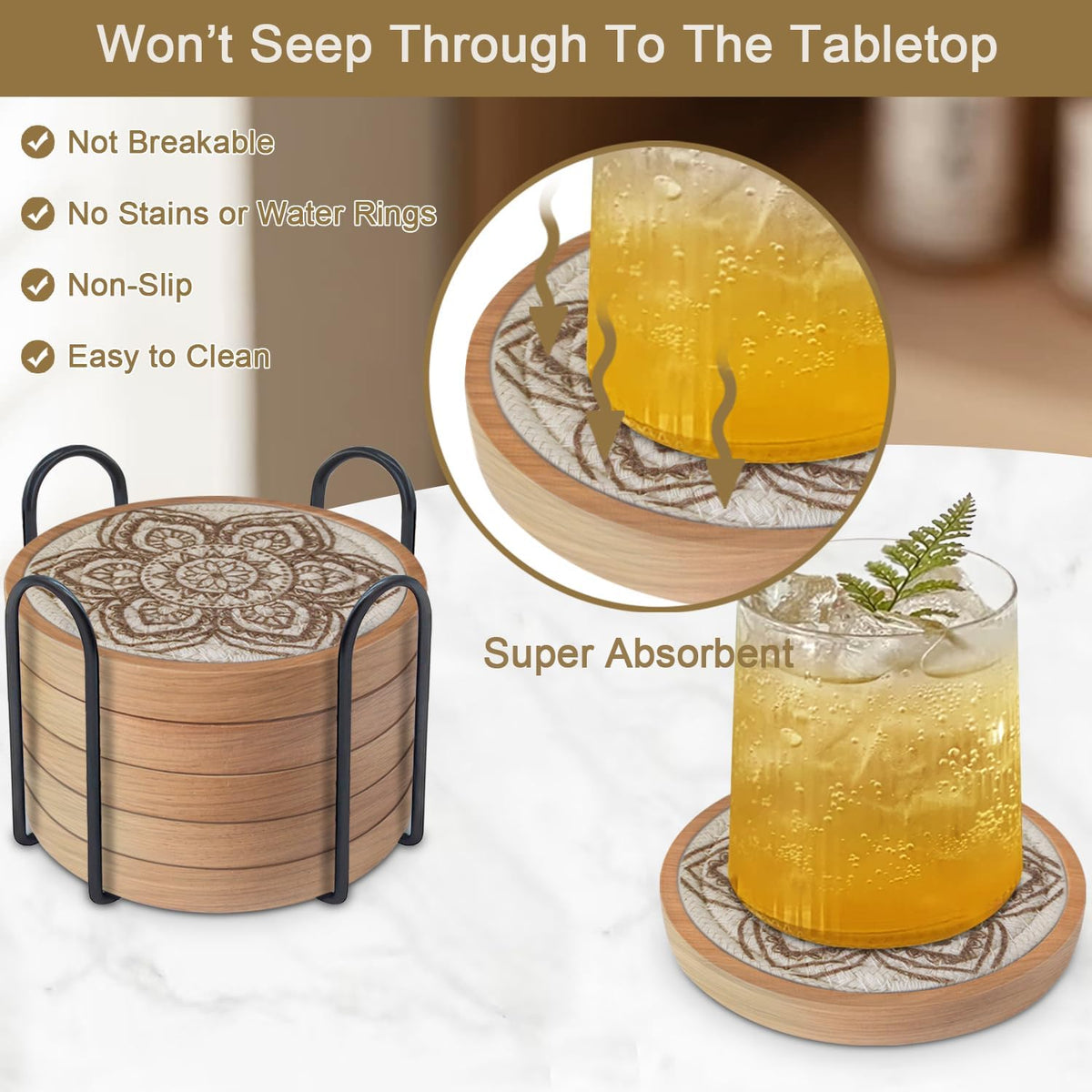 Coasters for Drinks Absorbent, 4.3 inches Woven Coasters for Coffee Tables, Wooden Drink Coasters for Table Protection, Reusable Drink Coasters for Kitchen, Farmhouse, Bar, Office, Brown