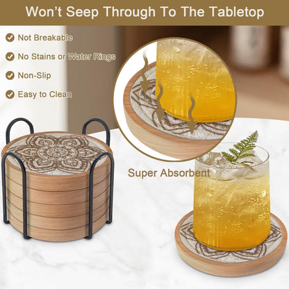 Coasters for Drinks Absorbent, 4.3 inches Woven Coasters for Coffee Tables, Wooden Drink Coasters for Table Protection, Reusable Drink Coasters for Kitchen, Farmhouse, Bar, Office, Brown