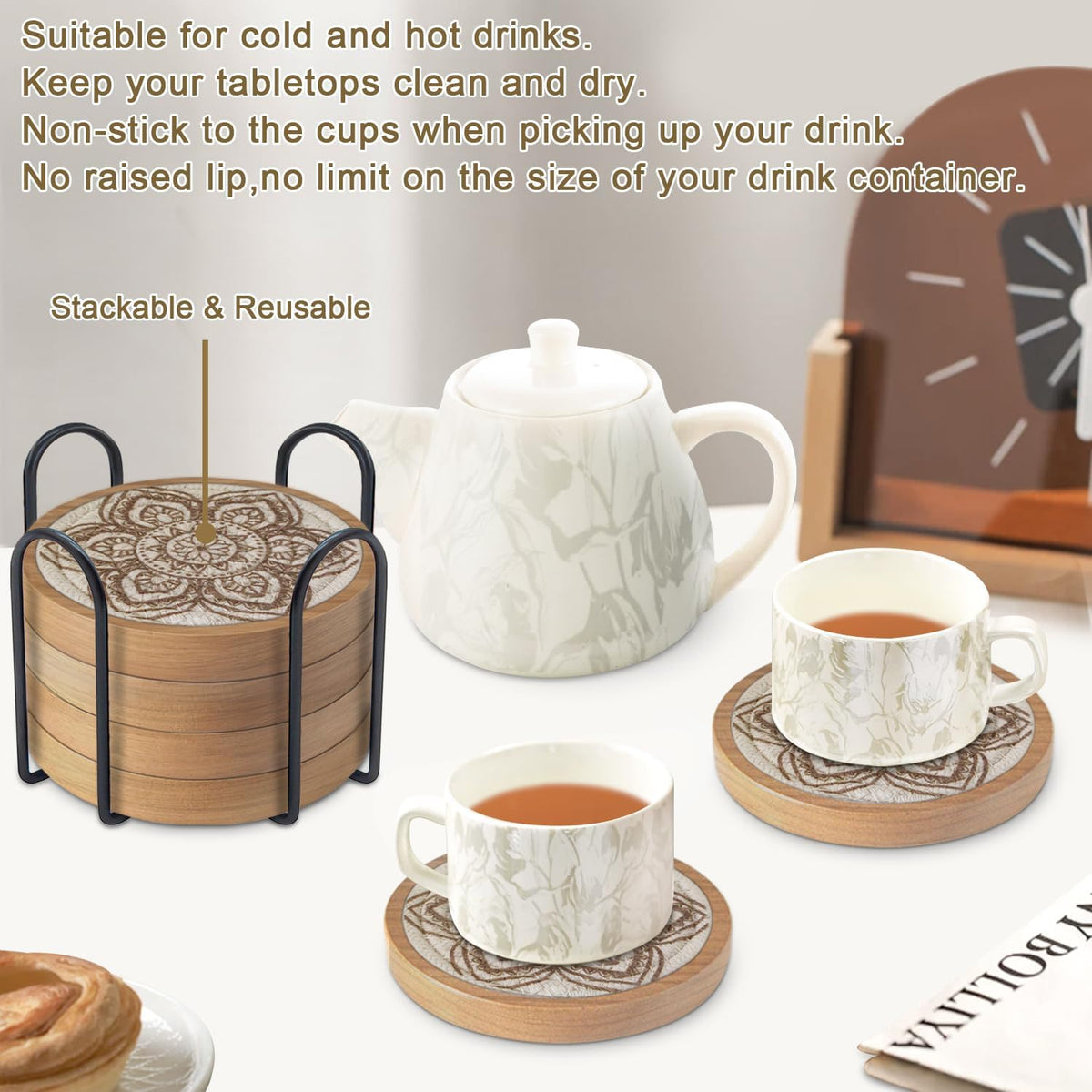 Coasters for Drinks Absorbent, 4.3 inches Woven Coasters for Coffee Tables, Wooden Drink Coasters for Table Protection, Reusable Drink Coasters for Kitchen, Farmhouse, Bar, Office, Brown