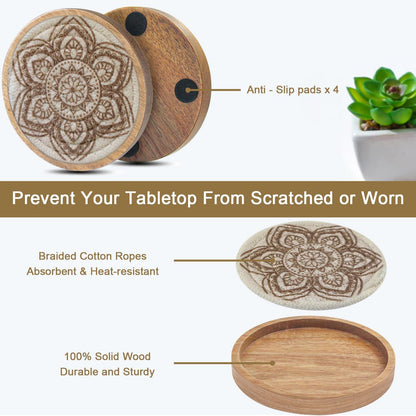 Coasters for Drinks Absorbent, 4.3 inches Woven Coasters for Coffee Tables, Wooden Drink Coasters for Table Protection, Reusable Drink Coasters for Kitchen, Farmhouse, Bar, Office, Brown