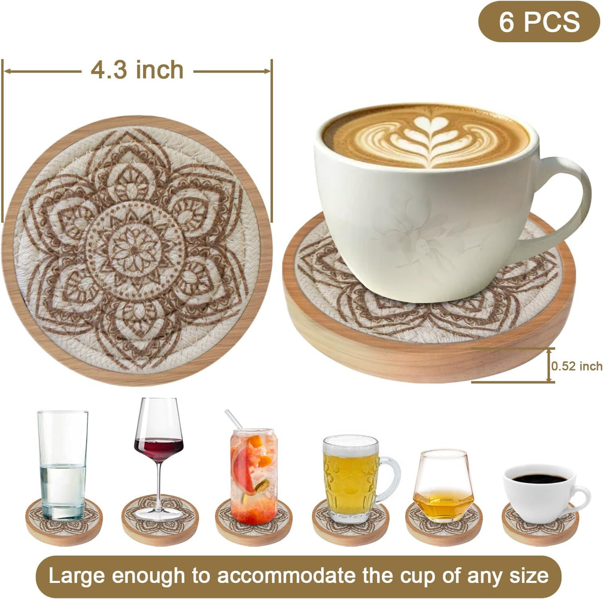 Coasters for Drinks Absorbent, 4.3 inches Woven Coasters for Coffee Tables, Wooden Drink Coasters for Table Protection, Reusable Drink Coasters for Kitchen, Farmhouse, Bar, Office, Brown