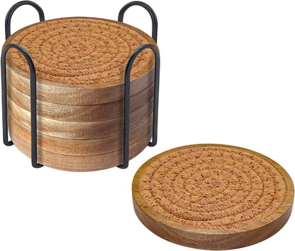 Coasters for Drinks Absorbent, 4.3 inches Woven Coasters for Coffee Tables, Wooden Drink Coasters for Table Protection, Reusable Drink Coasters for Kitchen, Farmhouse, Bar, Office, Brown