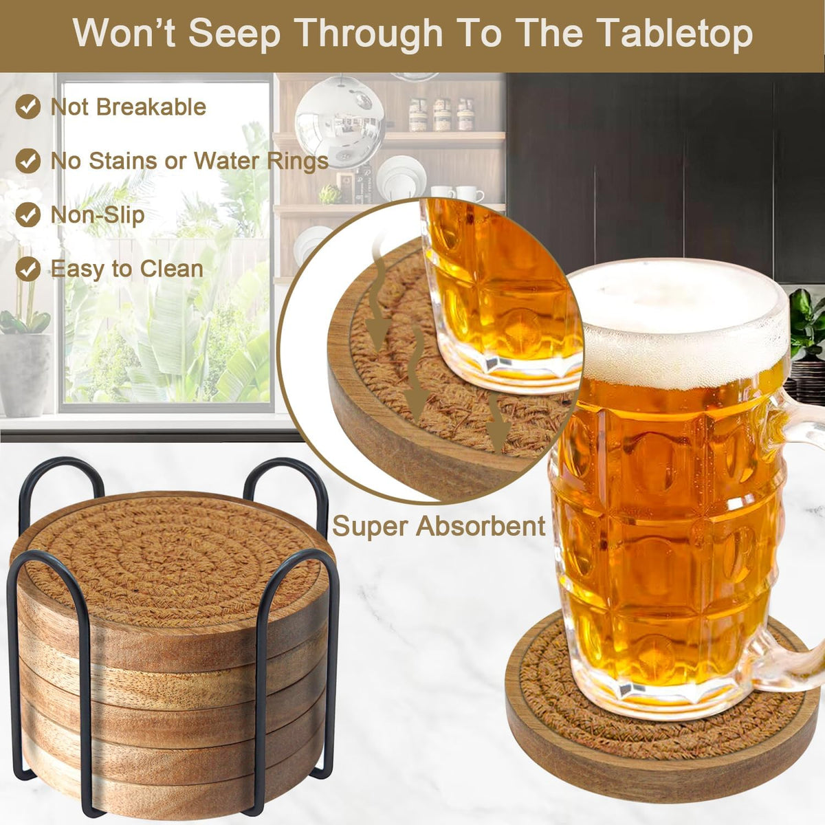 Coasters for Drinks Absorbent, 4.3 inches Woven Coasters for Coffee Tables, Wooden Drink Coasters for Table Protection, Reusable Drink Coasters for Kitchen, Farmhouse, Bar, Office, Brown