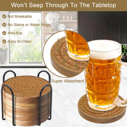 Coasters for Drinks Absorbent, 4.3 inches Woven Coasters for Coffee Tables, Wooden Drink Coasters for Table Protection, Reusable Drink Coasters for Kitchen, Farmhouse, Bar, Office, Brown